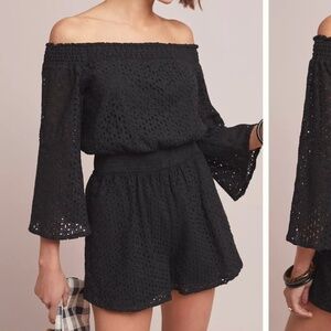 Anthropologie Chloe Oliver Off the Shoulder Eyelet Romper in Black Size M